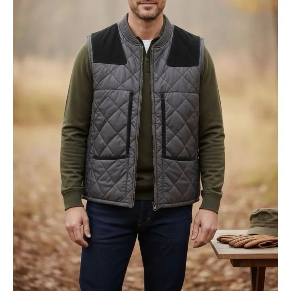 Polo Ralph Lauren Vest Jacket Quilted Shooting Hunting Suede Trim Pockets Black